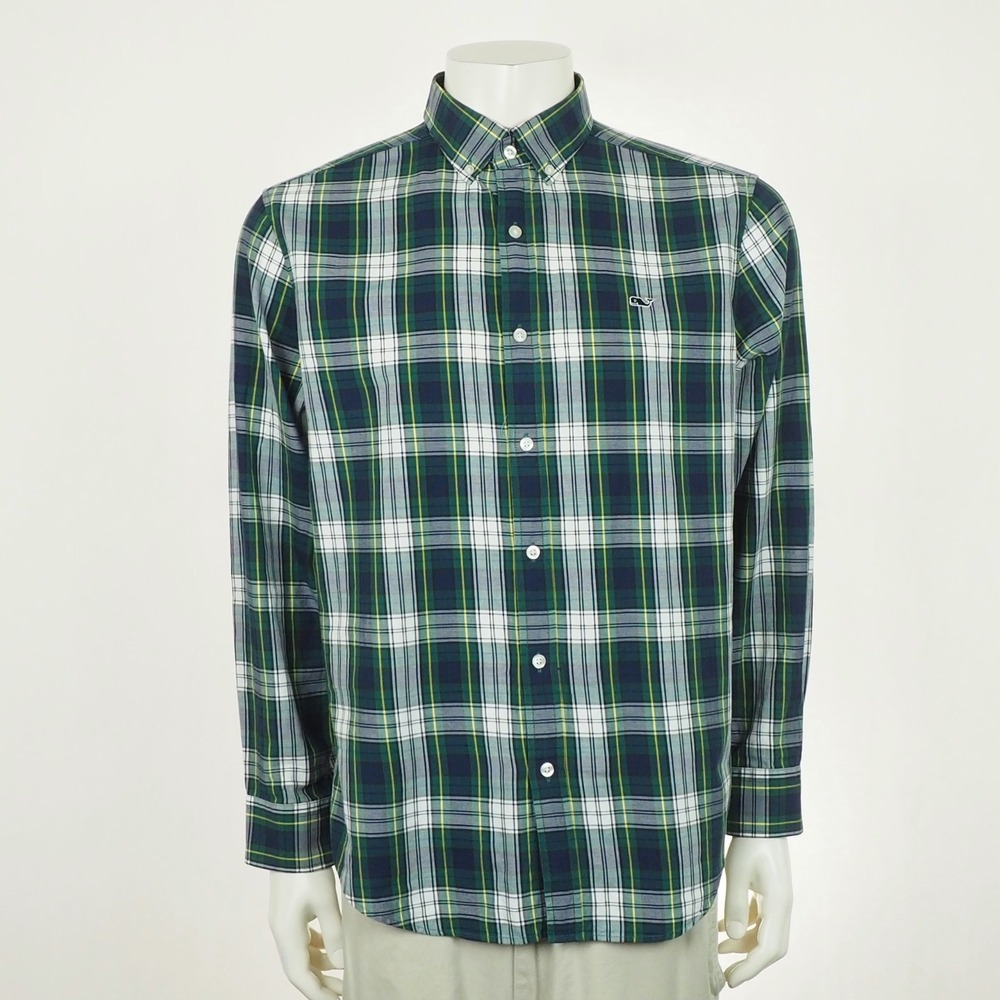 Vineyard Vines Whale Button Down Shirt Mens Large Green Blue Plaid Cotton Blend